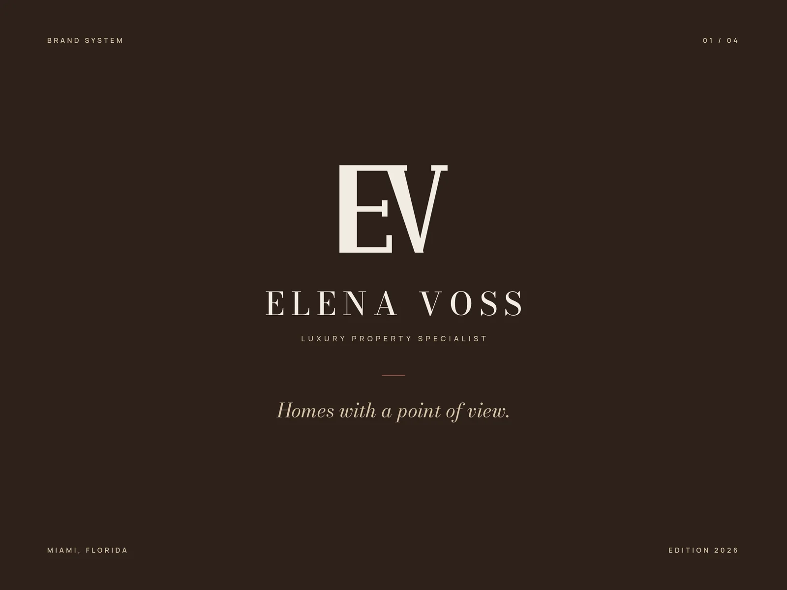 Elena Voss brand system cover page: the EV monogram in cream on espresso, with the wordmark and the tagline 'Homes with a point of view.'