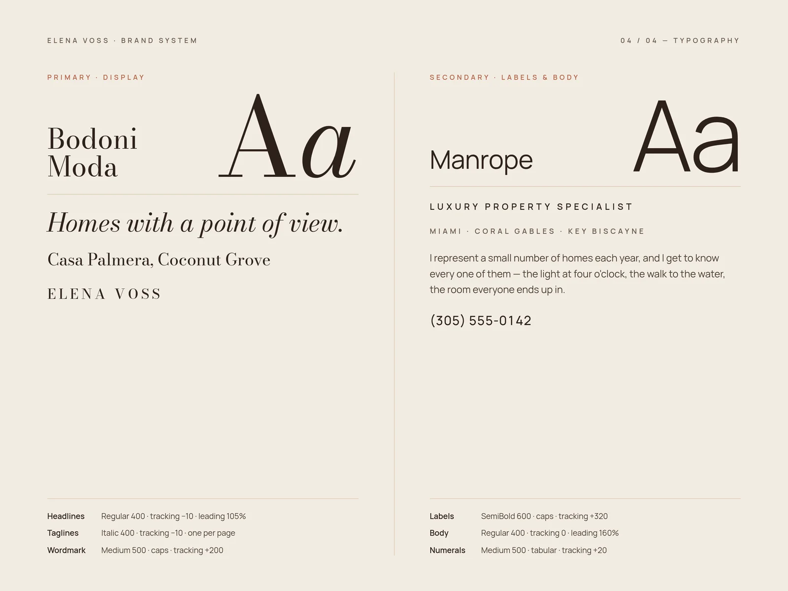 Elena Voss typography system: Bodoni Moda as the primary display serif, Manrope as the secondary sans-serif for labels and body copy.