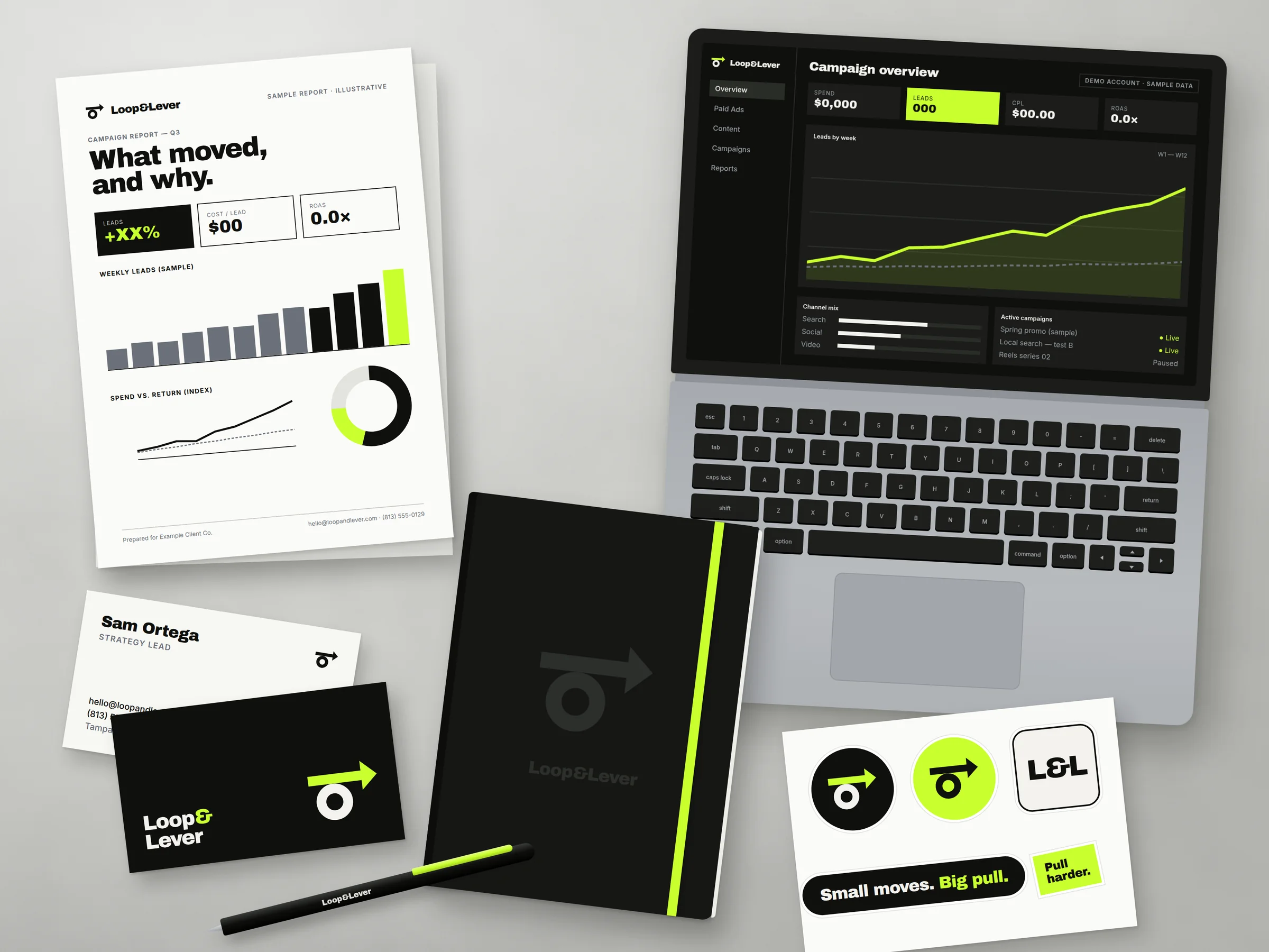 Loop & Lever brand flat lay: a sample campaign report, a laptop showing a demo dashboard with sample data, business cards, a black notebook with a lime band, a pen and a sticker sheet, all in black, white and lime.