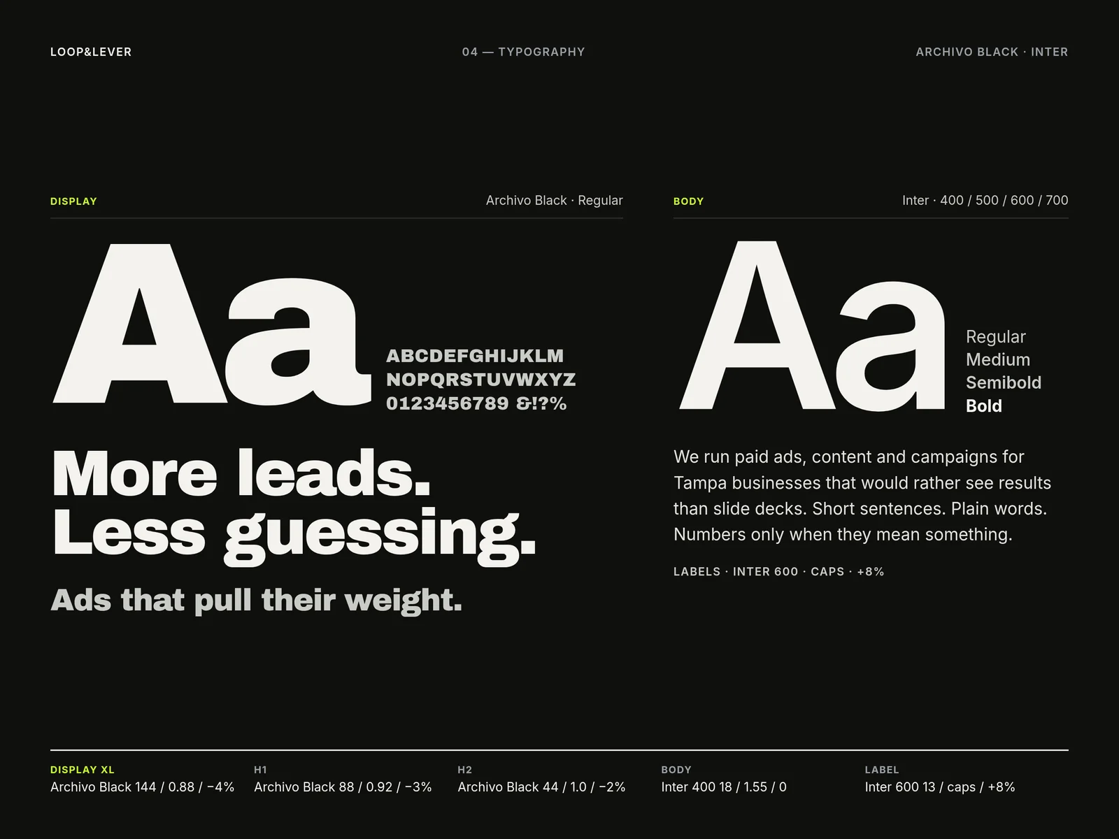 Loop & Lever typography system: Archivo Black for display headlines and Inter for body copy, with the type scale.