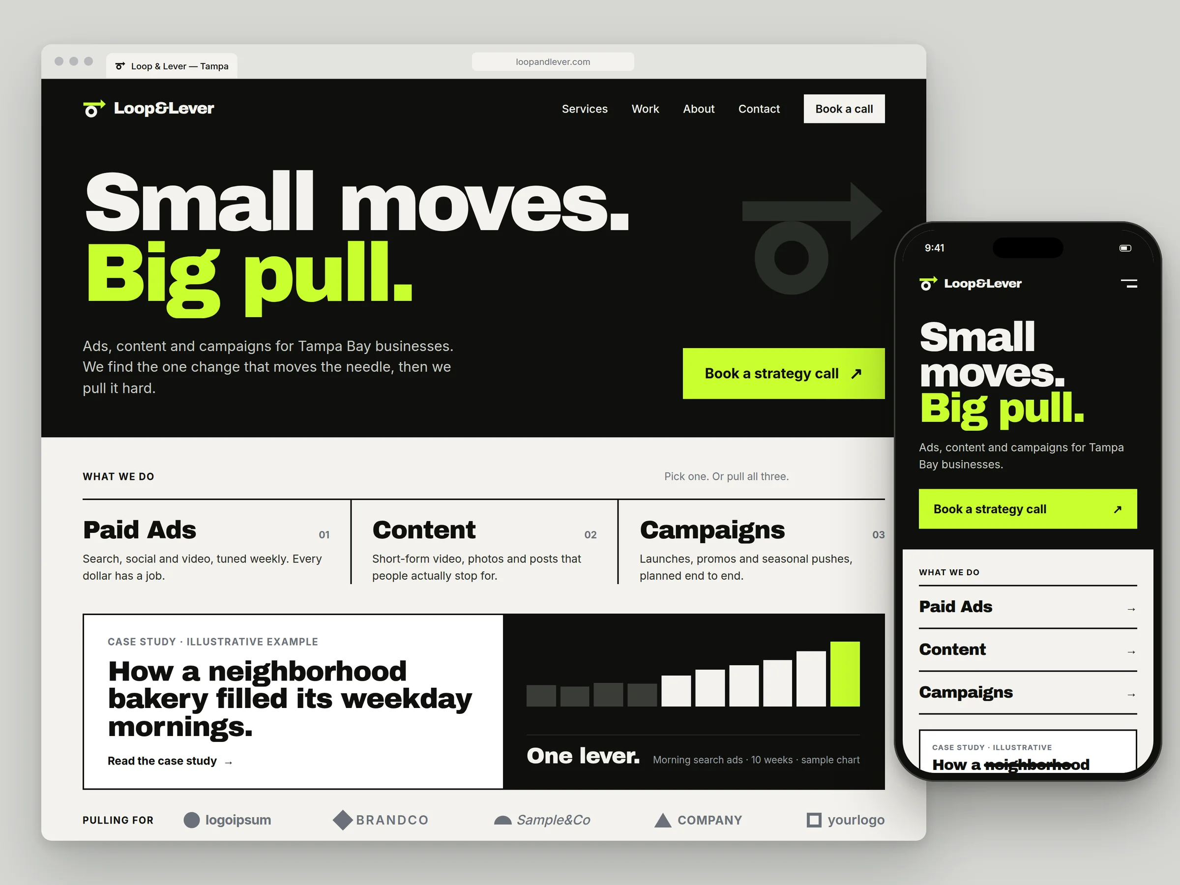 Loop & Lever homepage design shown in a desktop browser and on a phone: a black hero with the headline 'Small moves. Big pull.', a lime call to action button, and a list of services.