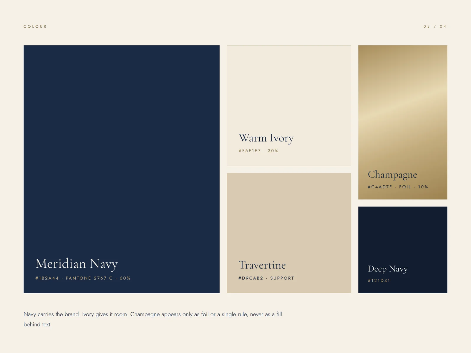 Meridian Properties color palette: Meridian Navy, Warm Ivory, Travertine, Champagne foil, and Deep Navy swatches with hex and Pantone values.
