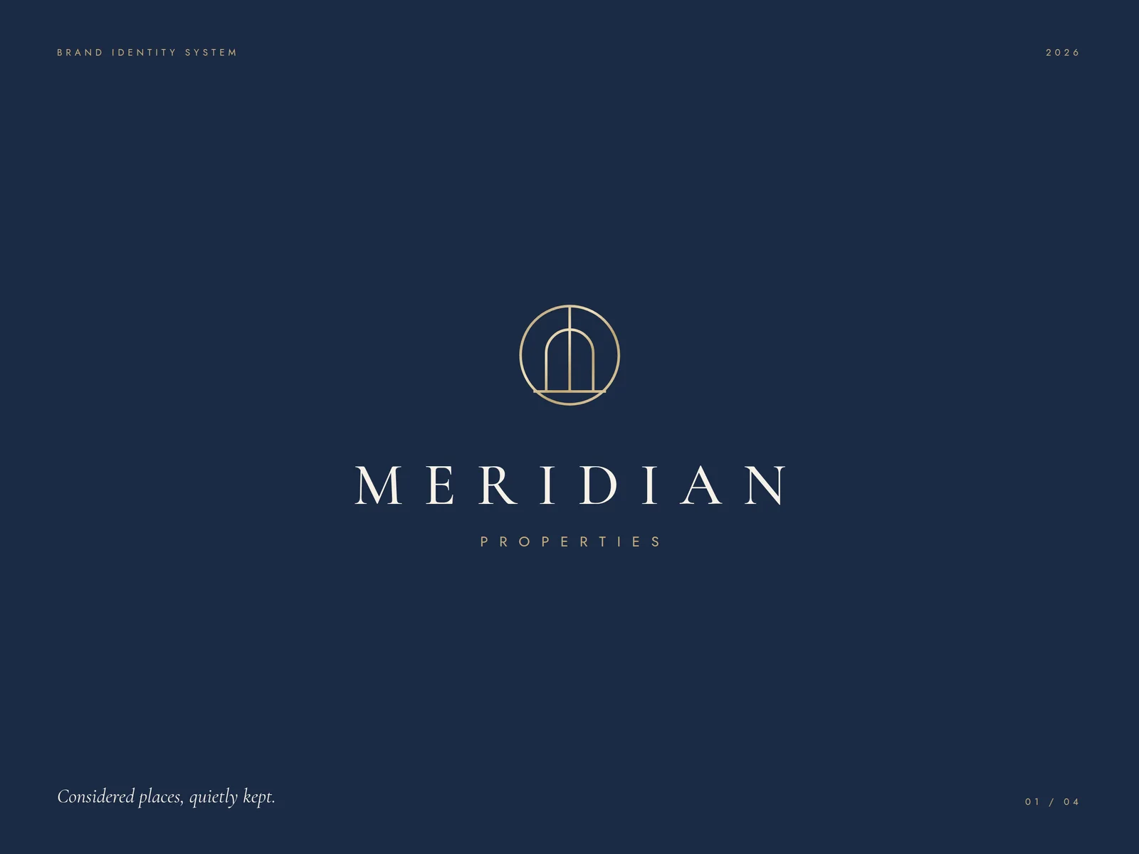 Meridian Properties brand identity system cover page, with the gold arch-and-circle mark on navy and the line 'Considered places, quietly kept.'