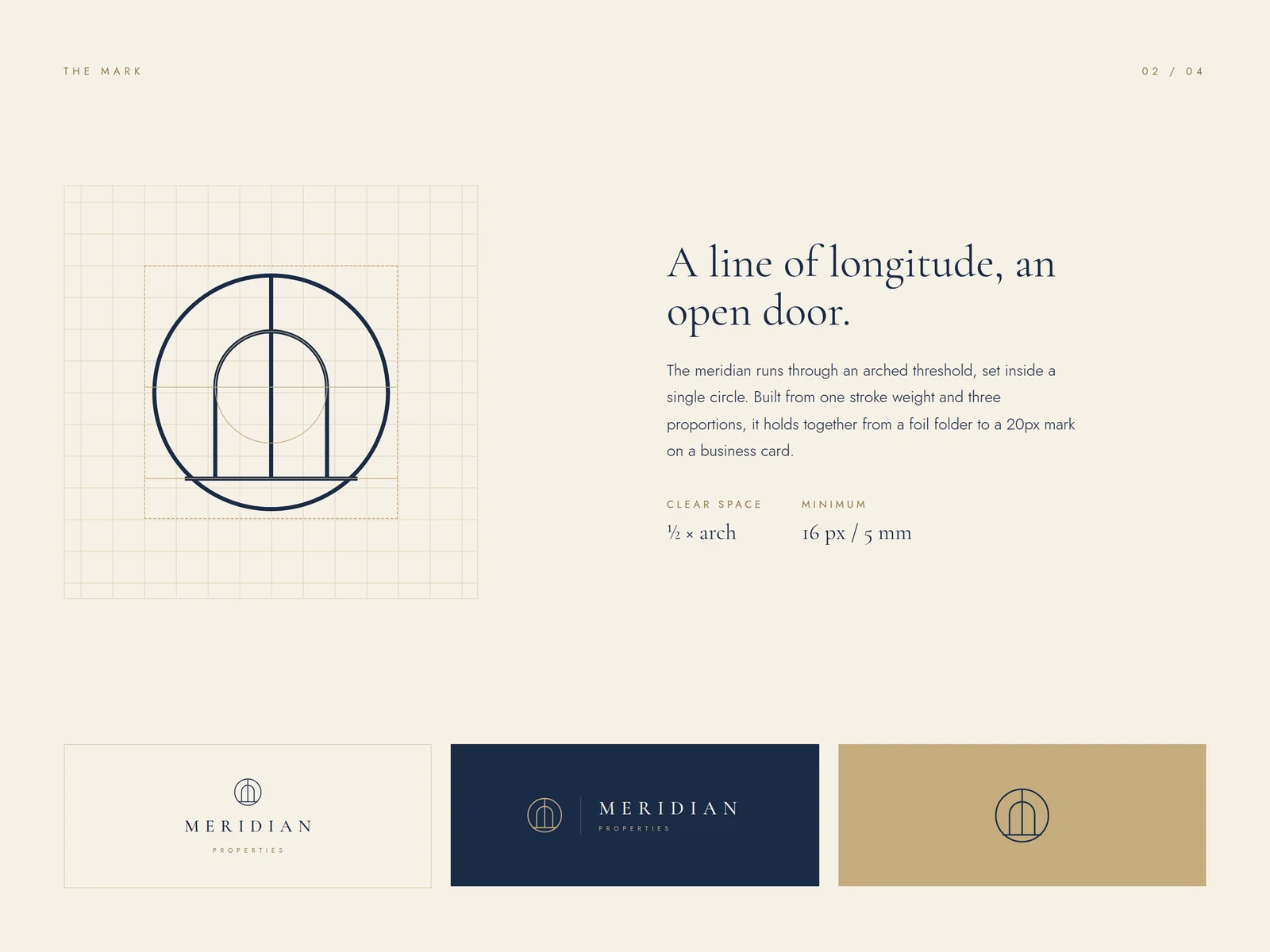 Meridian Properties logo mark construction: the arch-in-circle grid, clear-space and minimum-size specs, and the lockup on ivory, navy, and champagne.