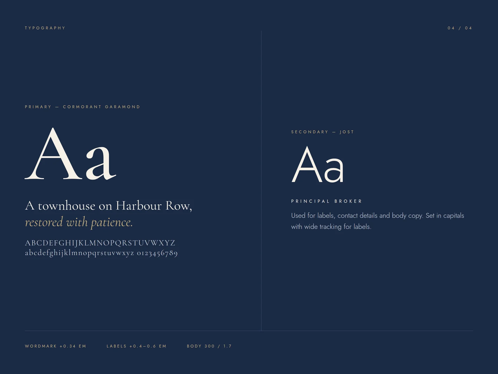 Meridian Properties typography system: Cormorant Garamond as the primary serif, Jost as the secondary sans-serif for labels and body copy.