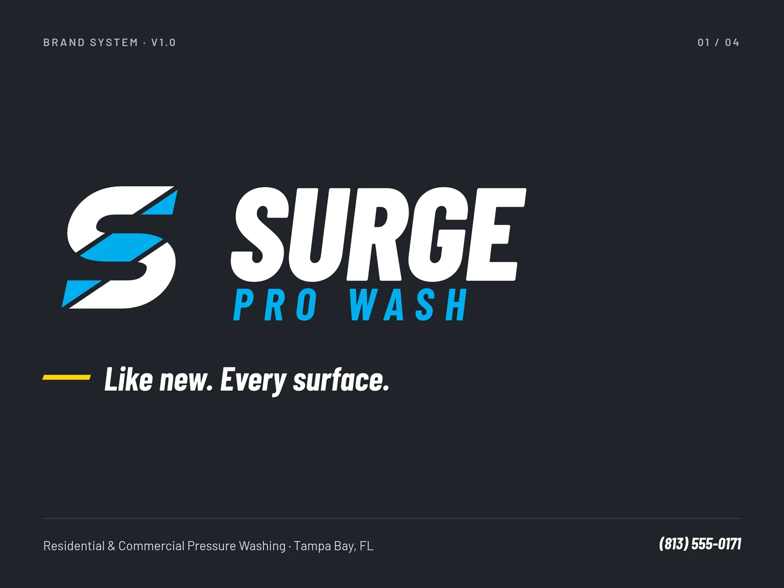 Surge Pro Wash brand system cover page with the stripe mark and the tagline 'Like new. Every surface.'