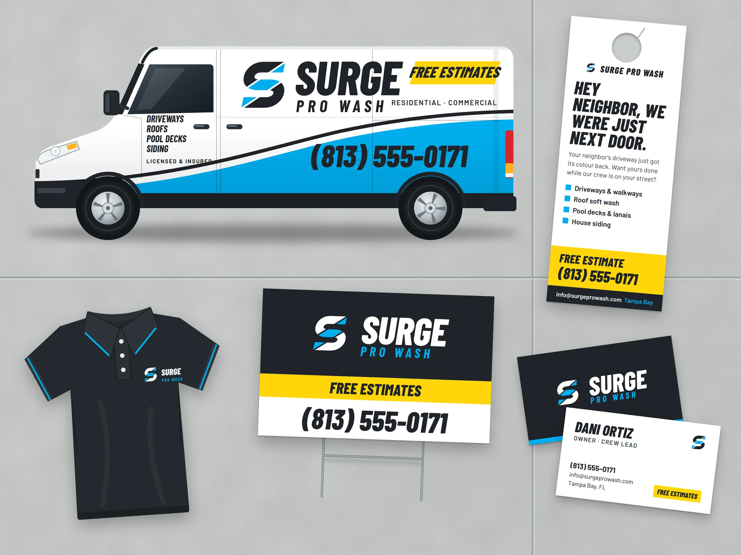 Surge Pro Wash brand flat lay: a branded work van, yard sign, door hanger, uniform shirt and business cards built on a bright stripe mark.