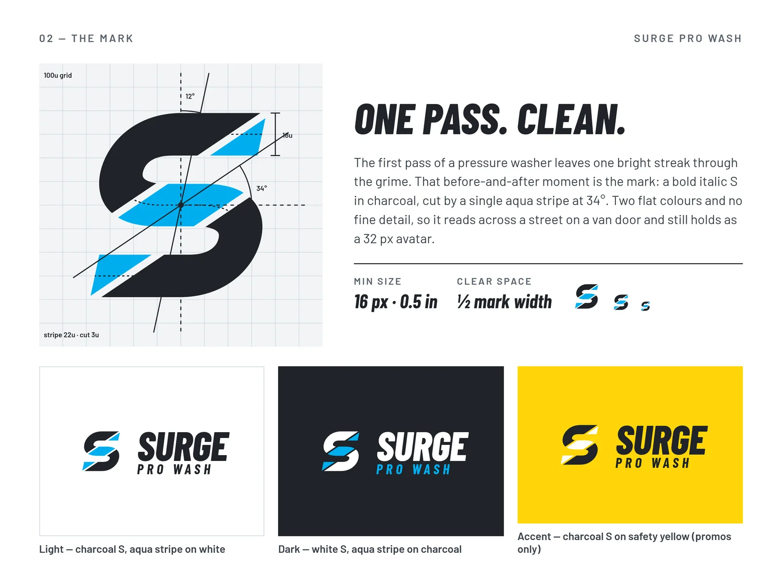 Surge Pro Wash logo mark slide showing the clean stripe mark, clear space and lockups.