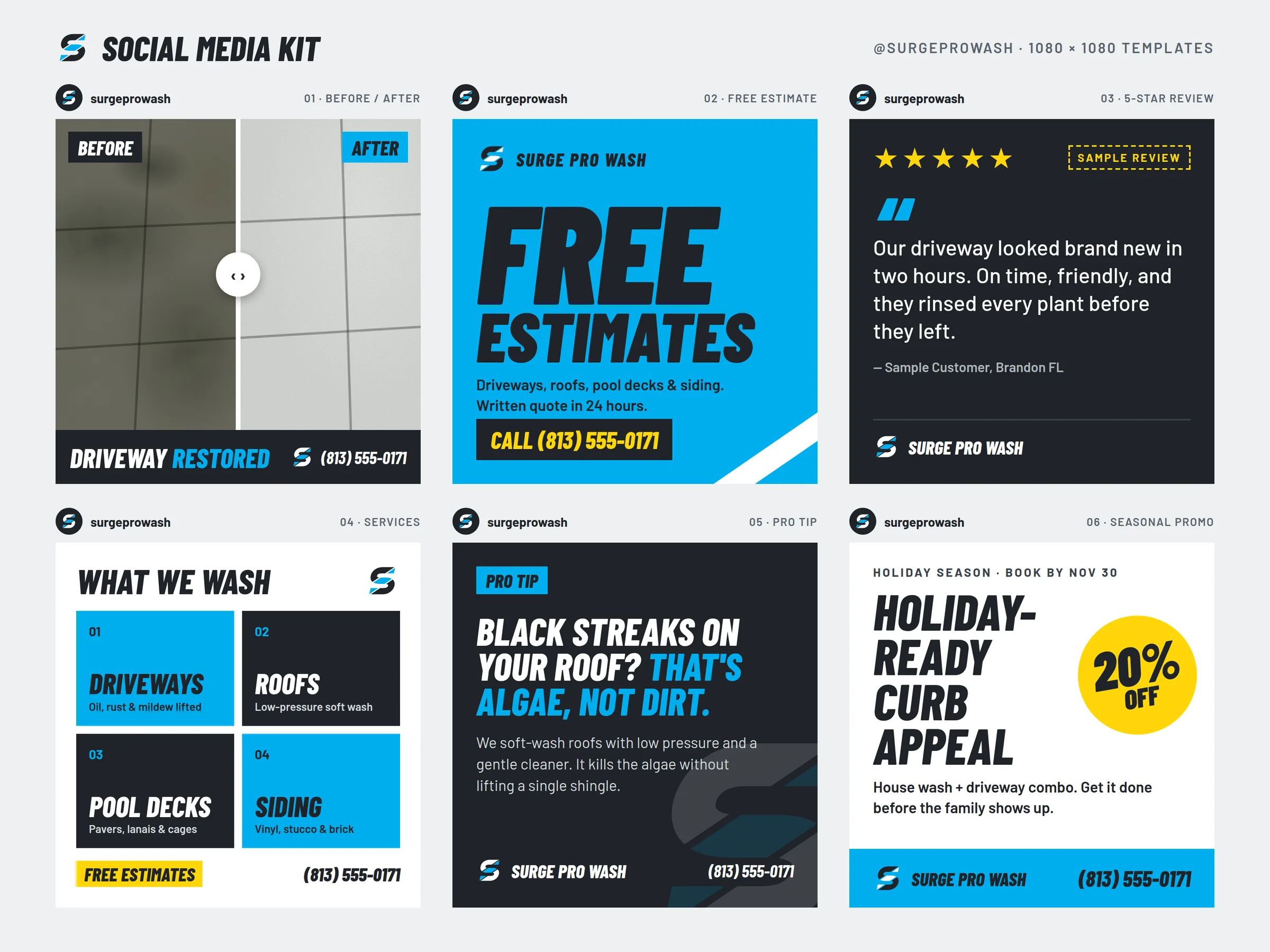 Surge Pro Wash social media kit: a grid of ready-to-post graphics in the brand colours, showing sample content and a sample customer review.